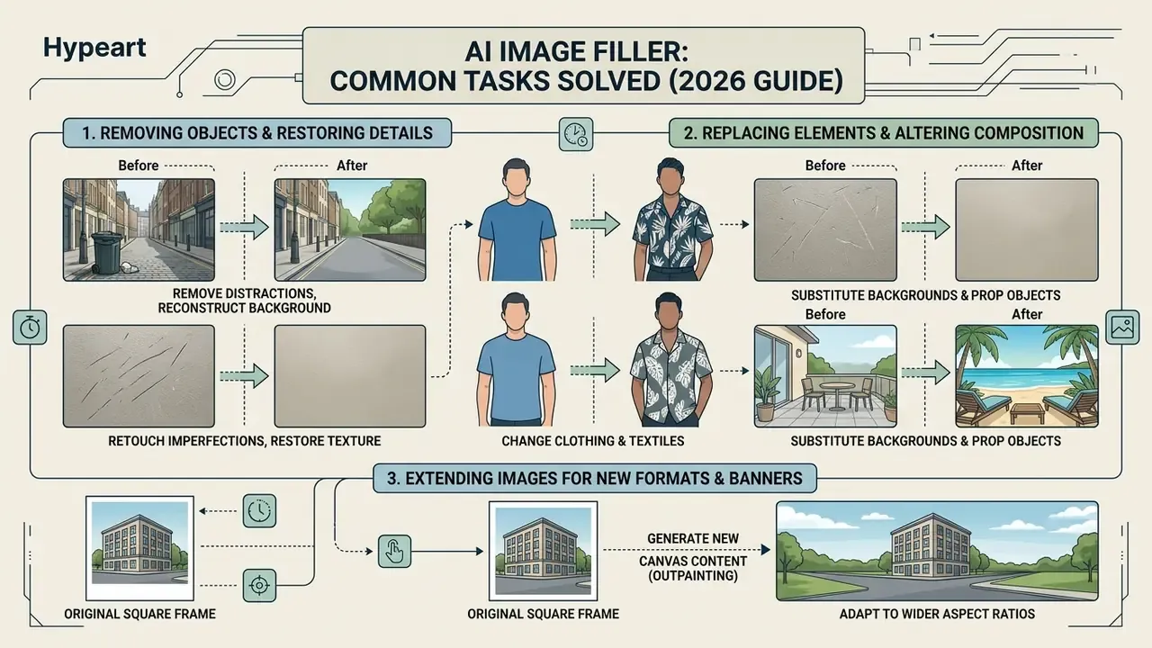 Infographic showing how AI image filler tools remove objects, replace elements, and extend photo canvases