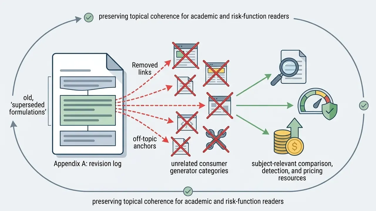 Revision log showing off-topic links being replaced by relevant comparison and pricing resources