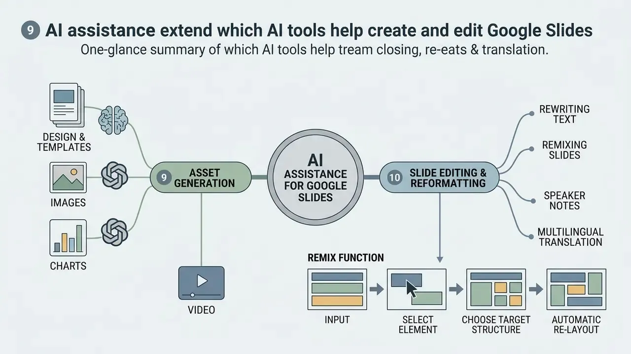 Diagram showing how AI tools handle asset generation and slide editing tasks for Google Slides