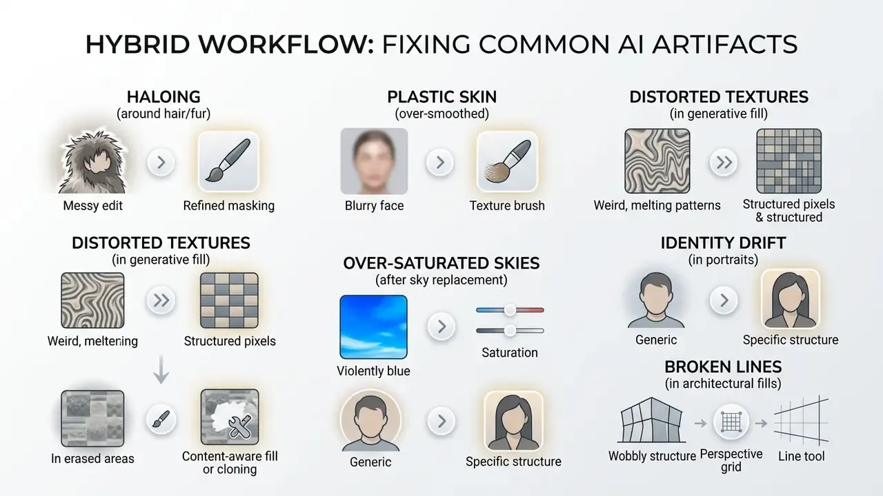 Infographic showing step-by-step solutions for common AI image editing artifacts like haloing and skin blurring