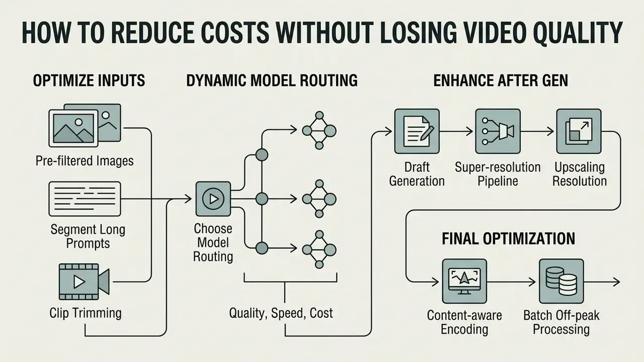 Steps for optimizing AI video API costs through input management, model routing, and post-generation refinement