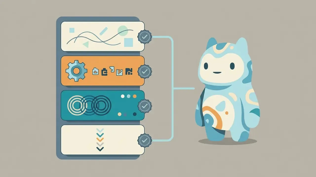 Stacked data panels with checkmarks connecting to a stylized creature character