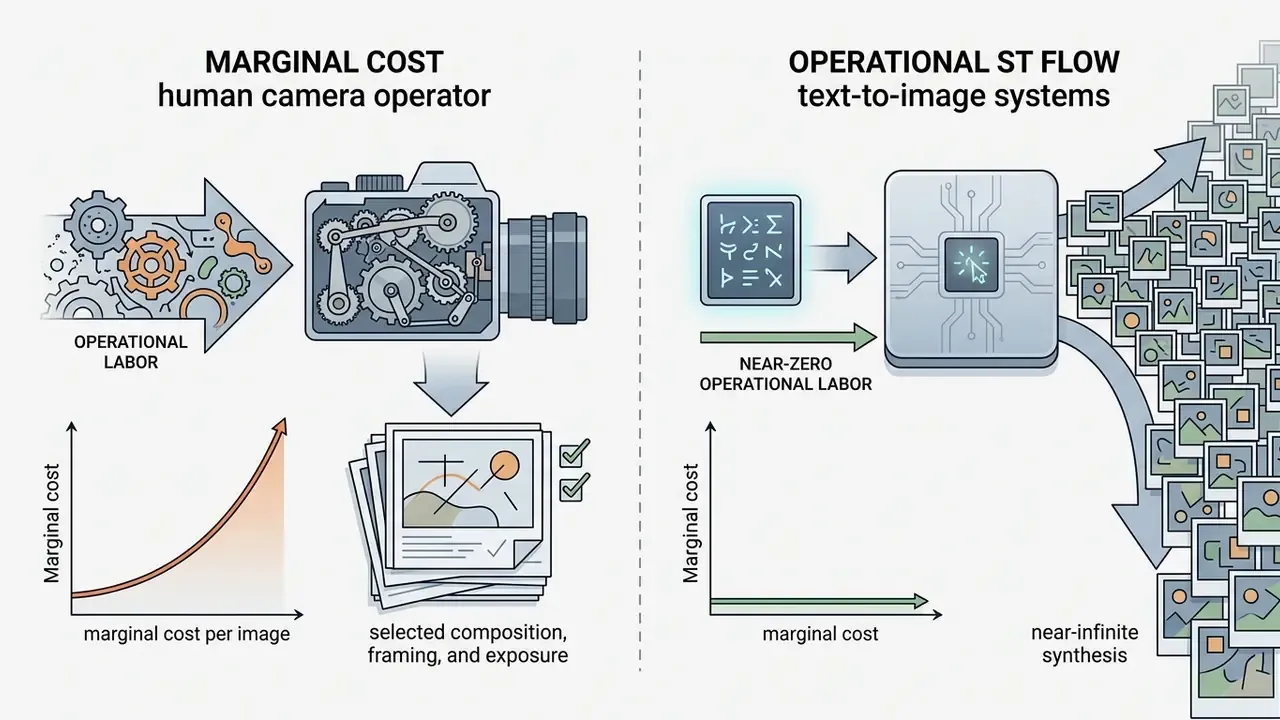 Comparison of rising human operational labor costs versus near-zero marginal cost for AI image synthesis