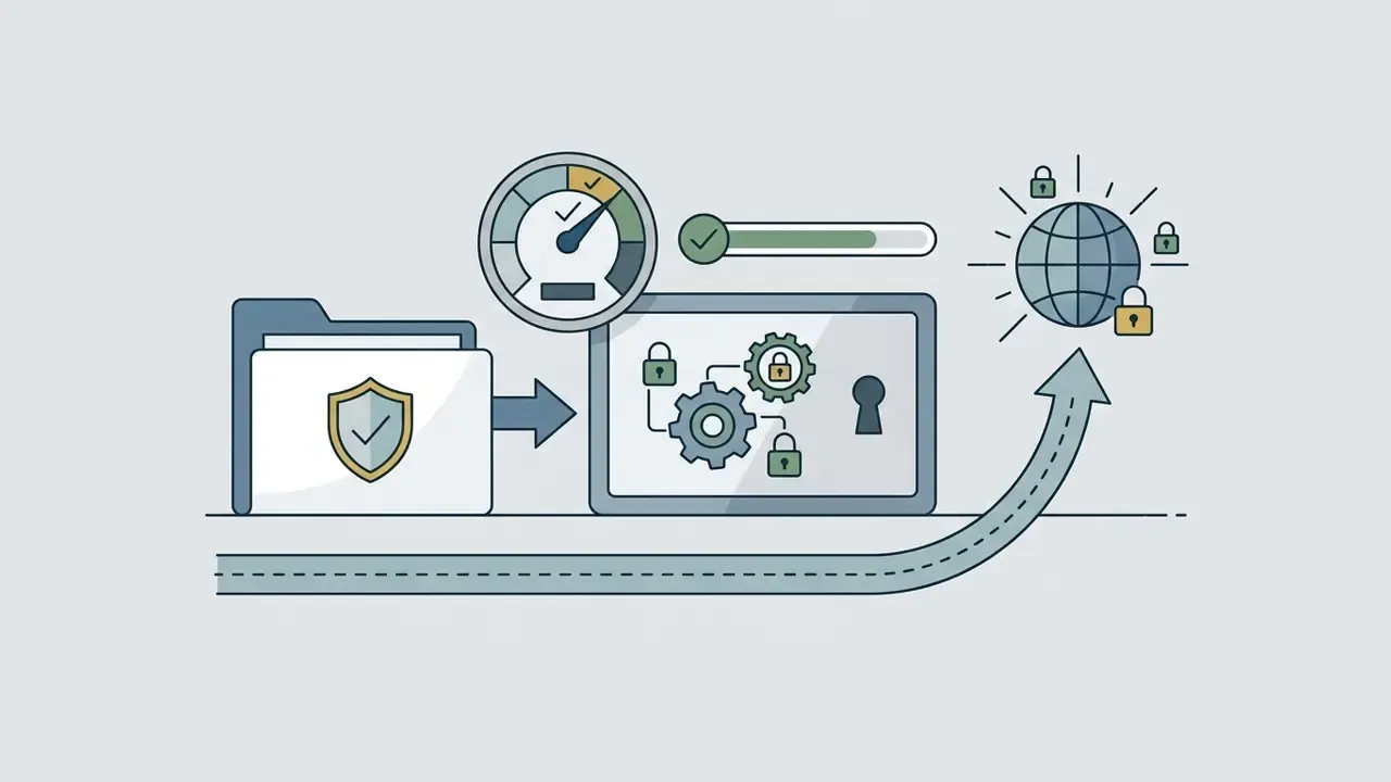 Folder icon with a shield moving through a gear system toward a globe protected by multiple padlocks