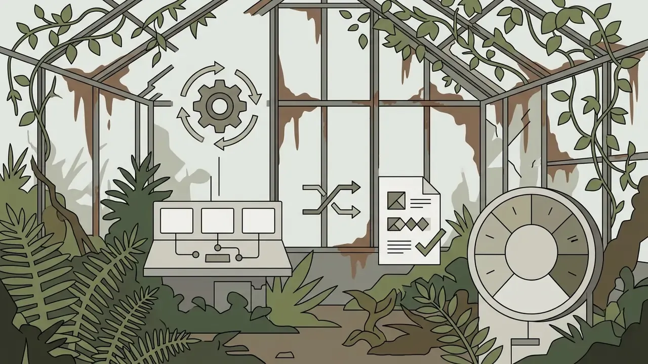 Control console with a gear icon, a document, and a circular gauge inside an overgrown greenhouse