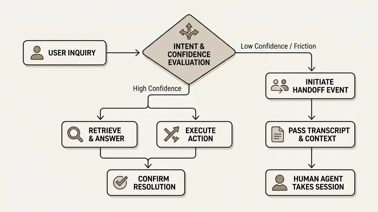 Diagram showing how an AI chatbot routes user inquiries based on confidence levels to resolve or hand off