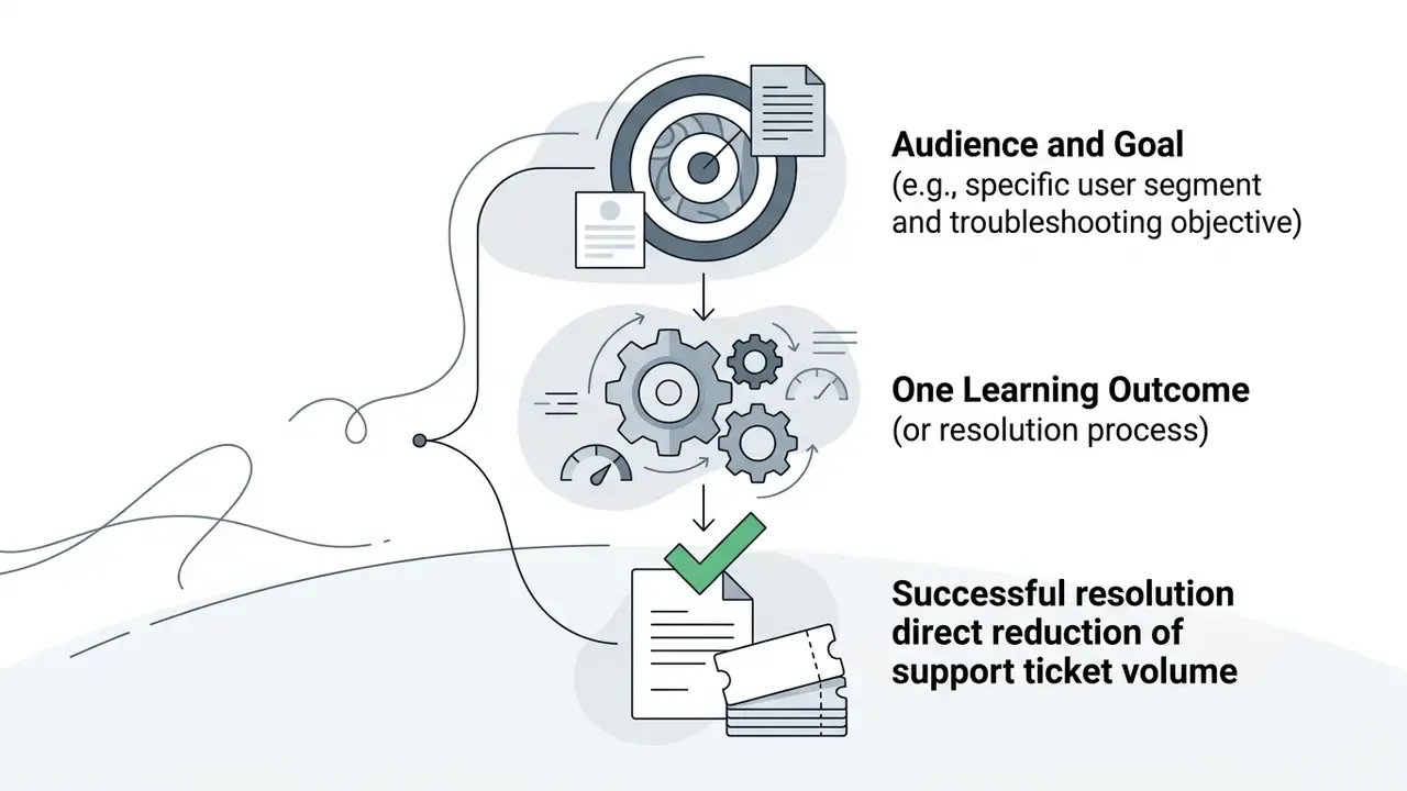 Target icon and gears processing user goals into resolved support tickets and reduced ticket volume