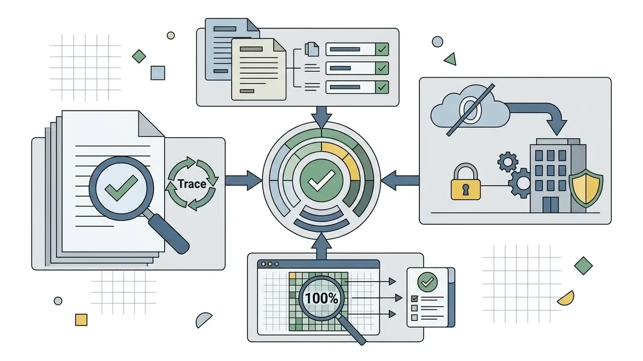 Central hub connecting document verification, data retention controls, and technical audit processes
