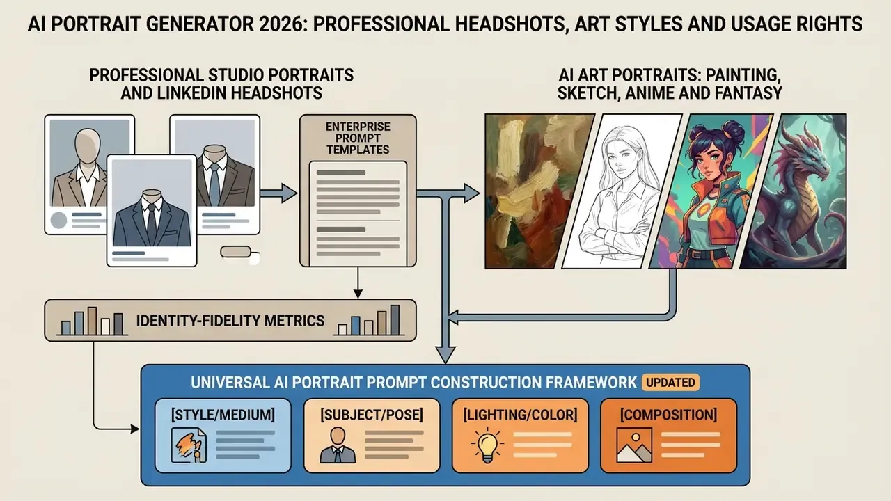 Flowchart comparing corporate headshot templates and artistic styles with a universal prompt framework