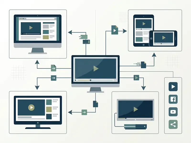 Central computer screen distributing video content to various devices and social media platforms