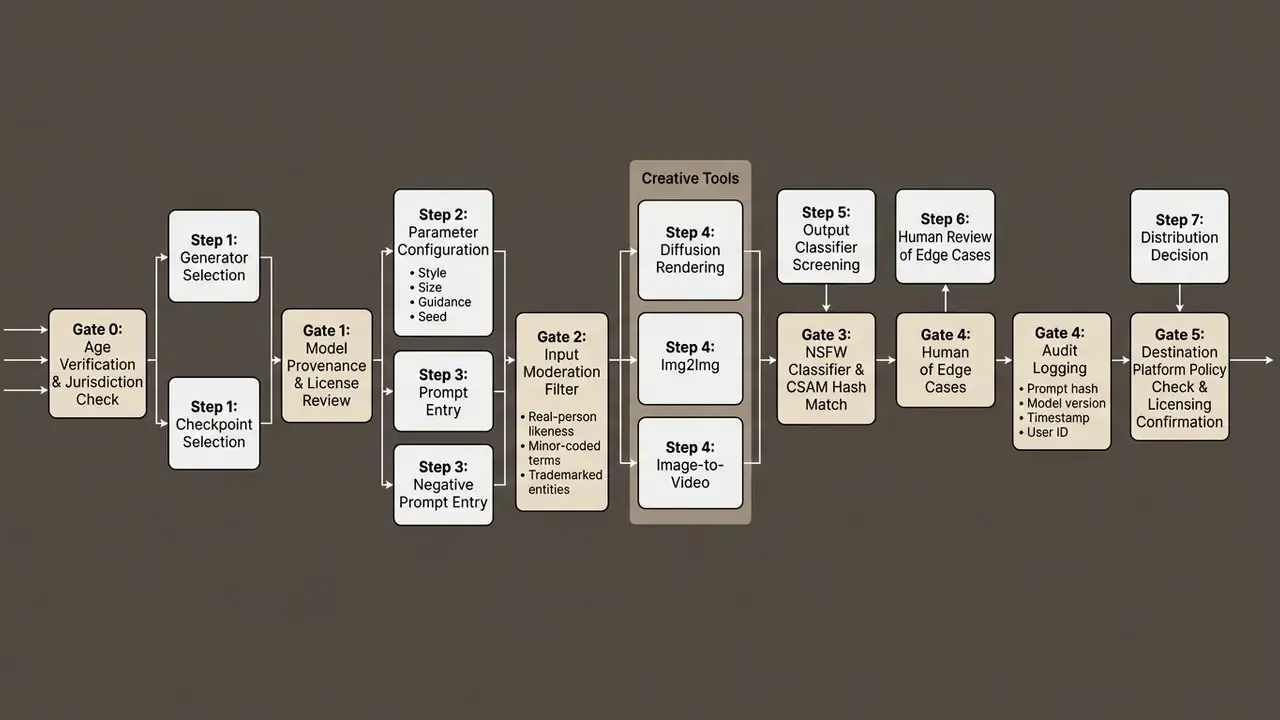Sequential diagram showing technical compliance gates and creative generation steps for digital media