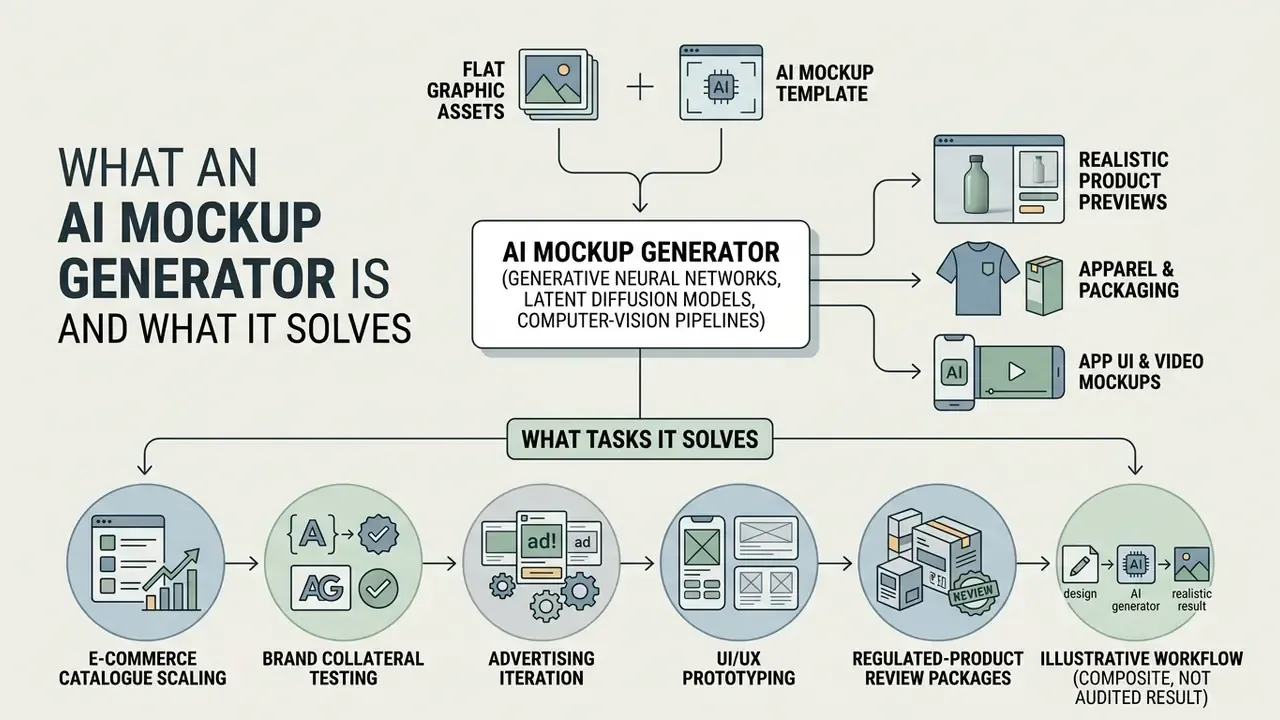 Infographic showing how an AI mockup generator combines graphic assets and templates into product previews
