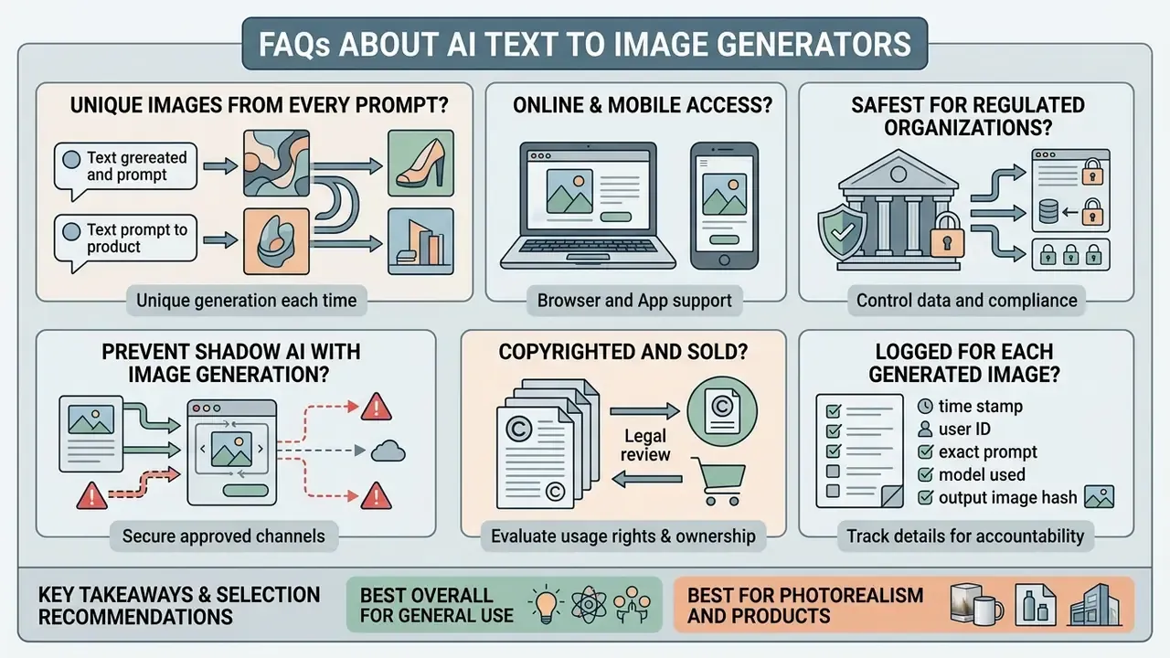 Infographic summarizing key considerations and common questions regarding AI text to image generators