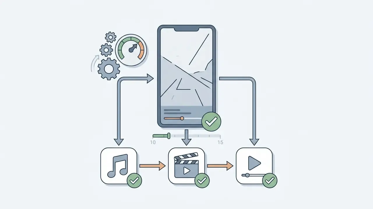 Smartphone showing vertical video content linked to social media app icons with checkmarks