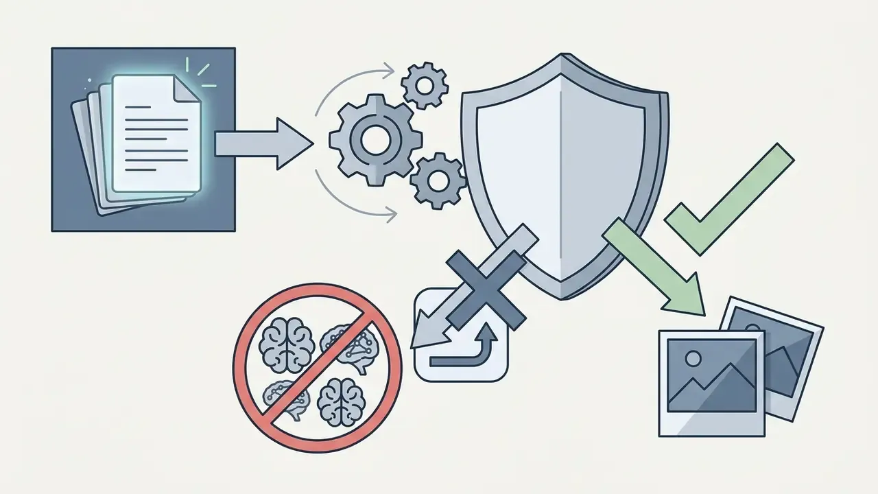 Documents passing through gears and a shield to produce photos while blocking neural network training