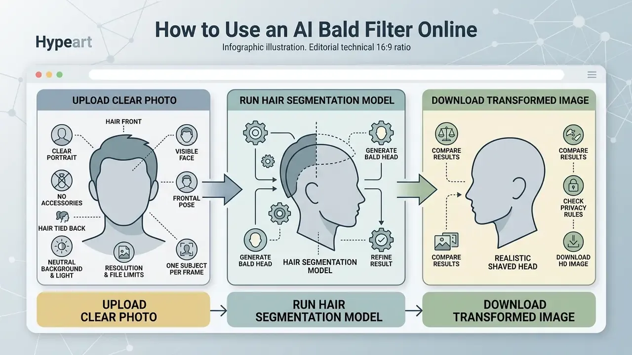 Three-step workflow diagram showing how to upload a photo, process hair segmentation, and save the result