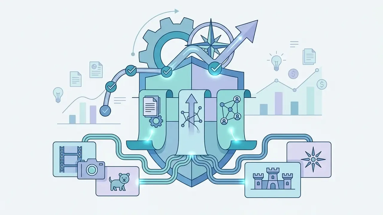 Shield icon connected to film, camera, and castle icons with upward growth charts and digital network symbols