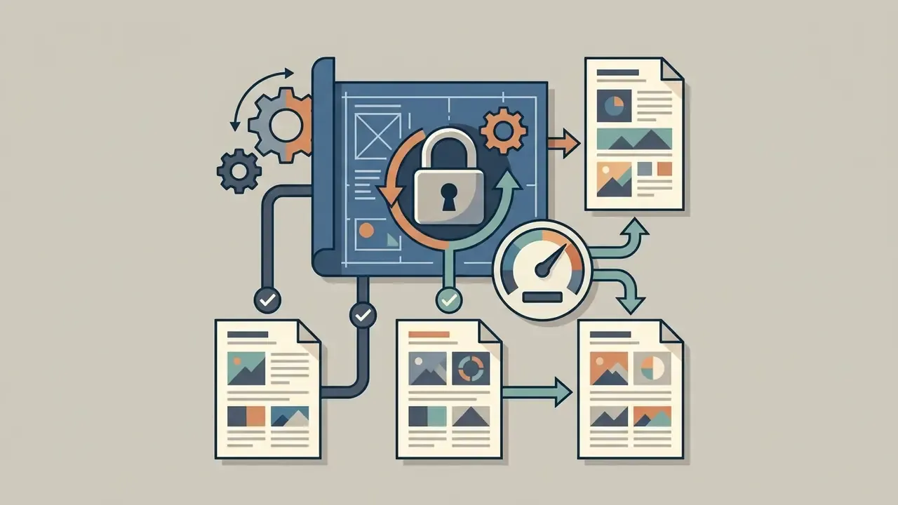 Blueprint with a central padlock icon connected to various data sheets and a circular gauge indicator