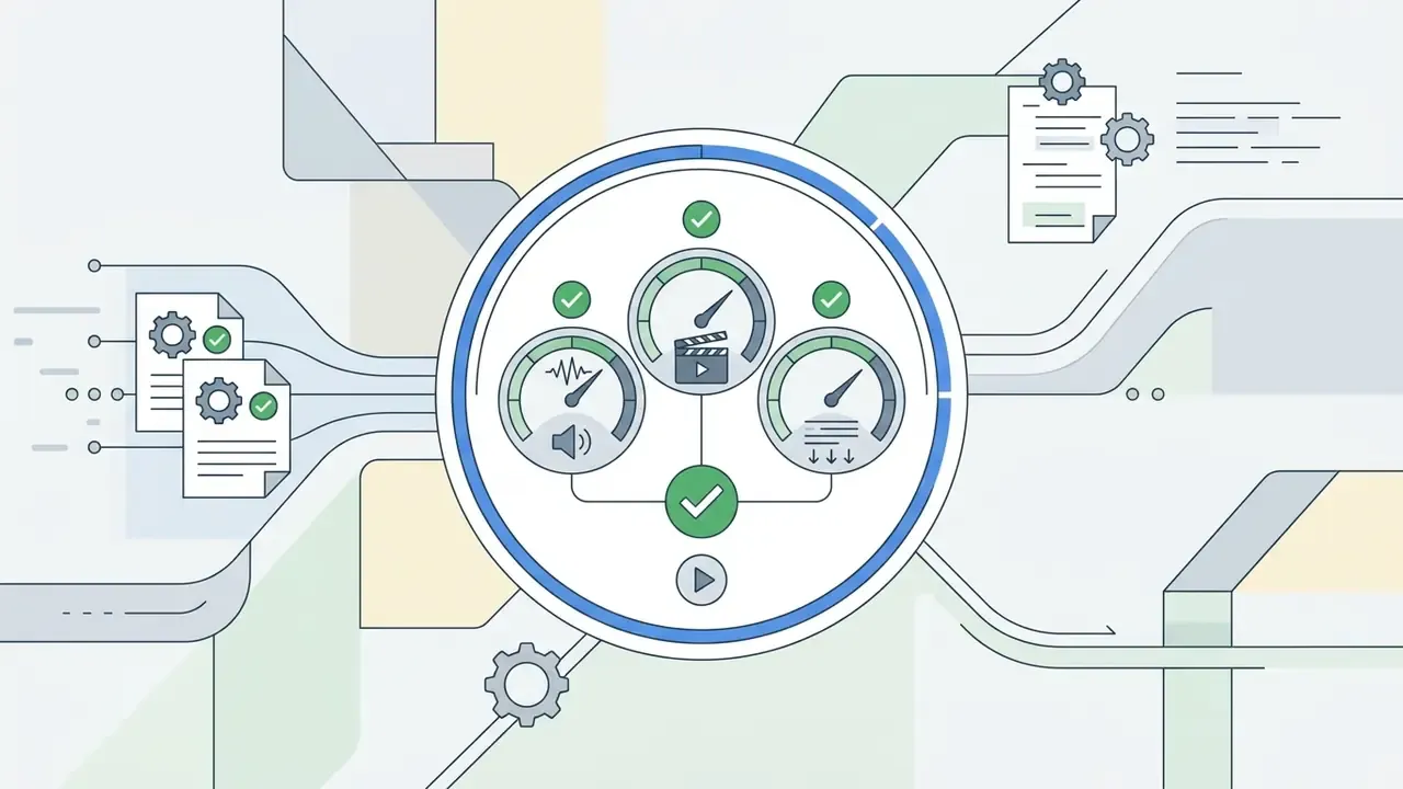 Dashboard with gauges for audio, video, and subtitles showing synchronized status in InVideo AI