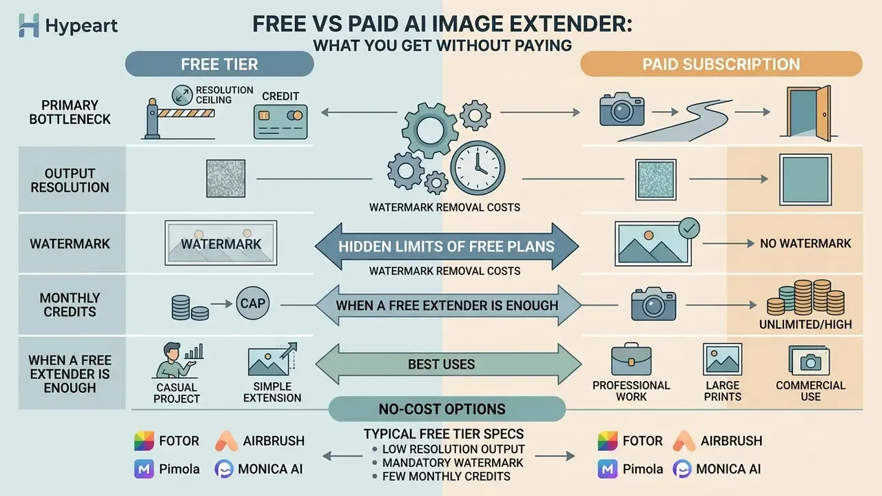 Comparison chart showing differences between free and paid AI image extender plans and limitations