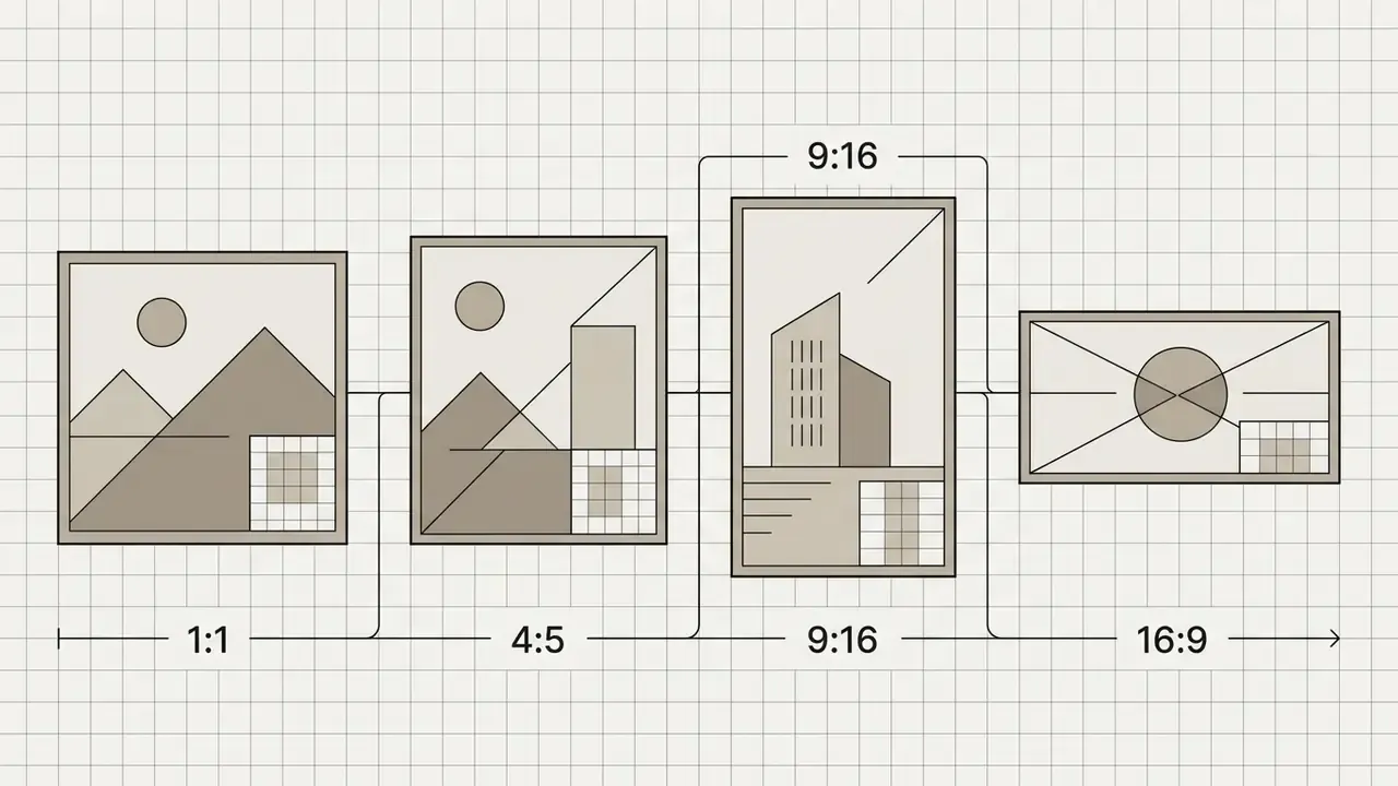 Grid showing four rectangular frames with varying aspect ratios labeled 1:1, 4:5, 9:16, and 16:9