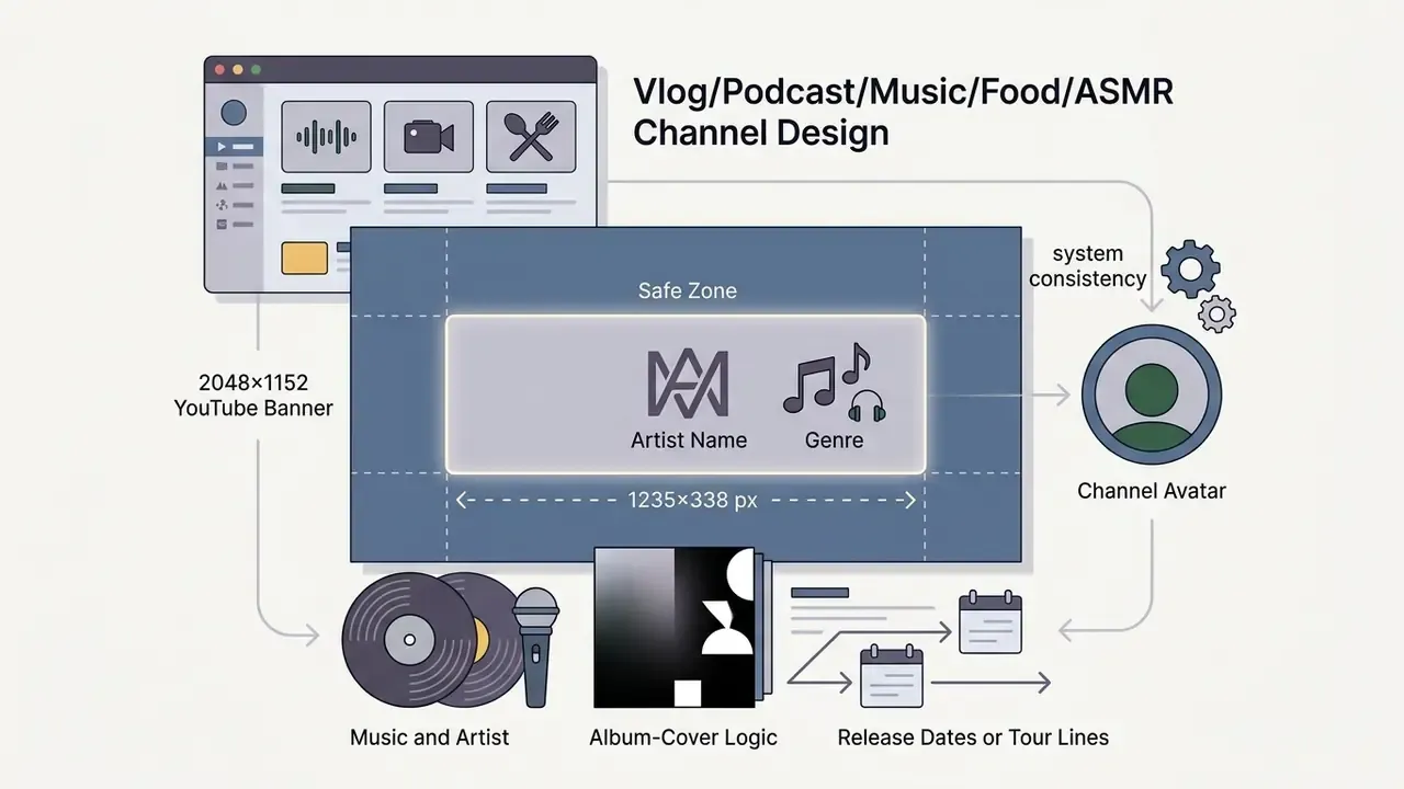 Visual guide showing how to align music channel banner elements with the channel avatar and safe zones