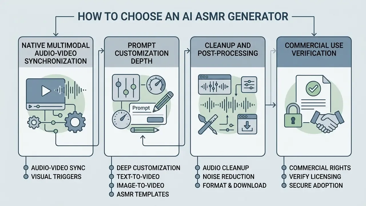 Four-step infographic detailing technical criteria for selecting software for sensory video production