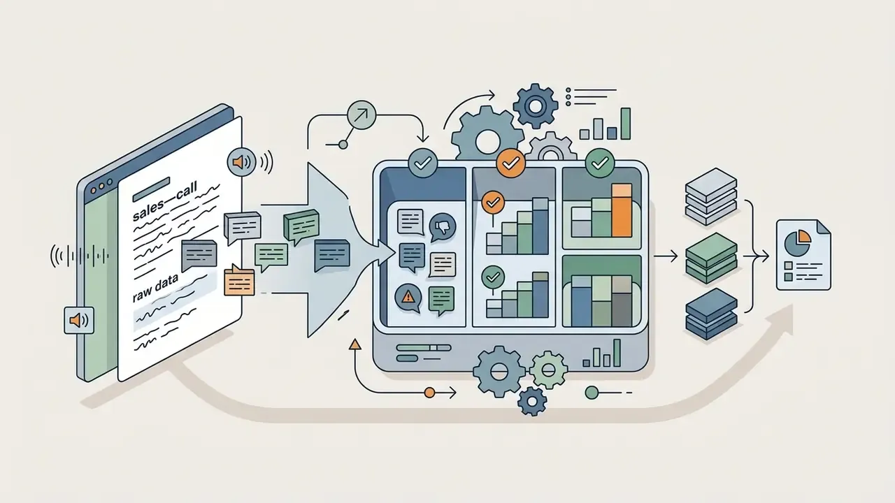 Audio transcripts flowing into a processing engine that clusters customer feedback into analytical charts
