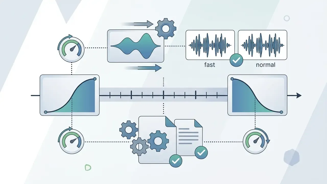 Audio waveforms and speed control icons illustrating fade adjustments and pitch correction in CapCut