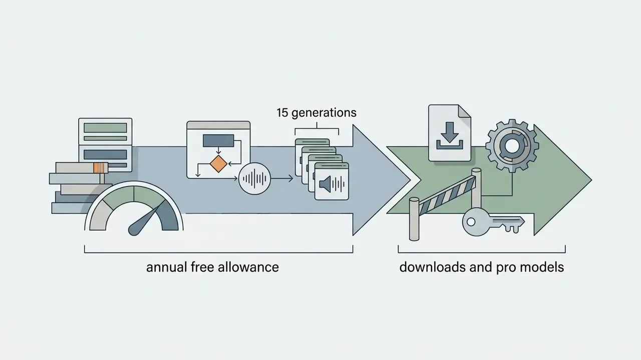 Arrow showing annual free allowance of AI music generations gated by download and pro model restrictions