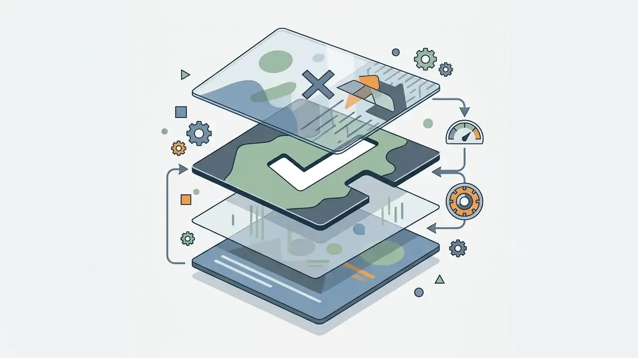 Stacked transparent layers with abstract graphic elements and circular processing icons