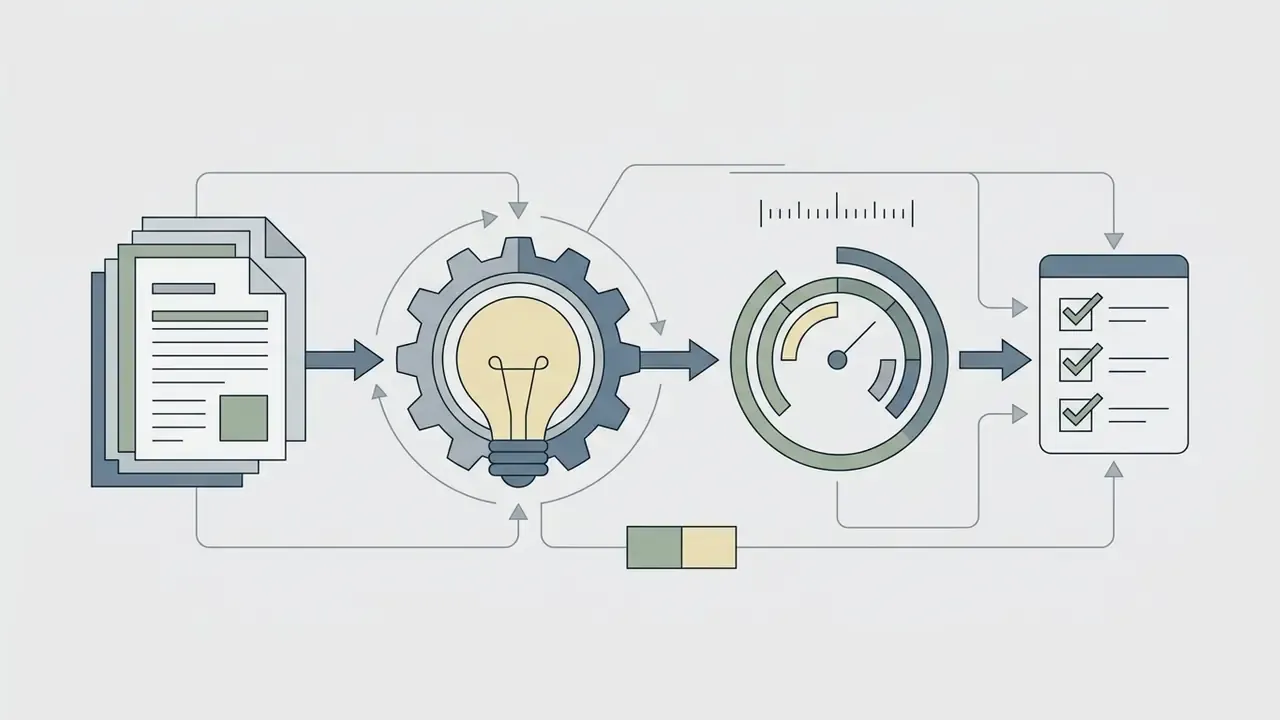Linear process graphic showing document input, lightbulb gear refinement, gauge analysis, and task completion