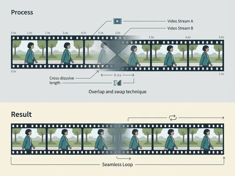 Diagram illustrating a cross-dissolve transition between two video streams to create a continuous loop