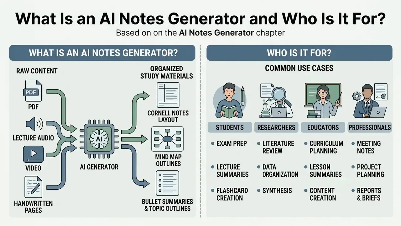 Diagram showing how an AI notes generator processes various media into study formats for diverse users