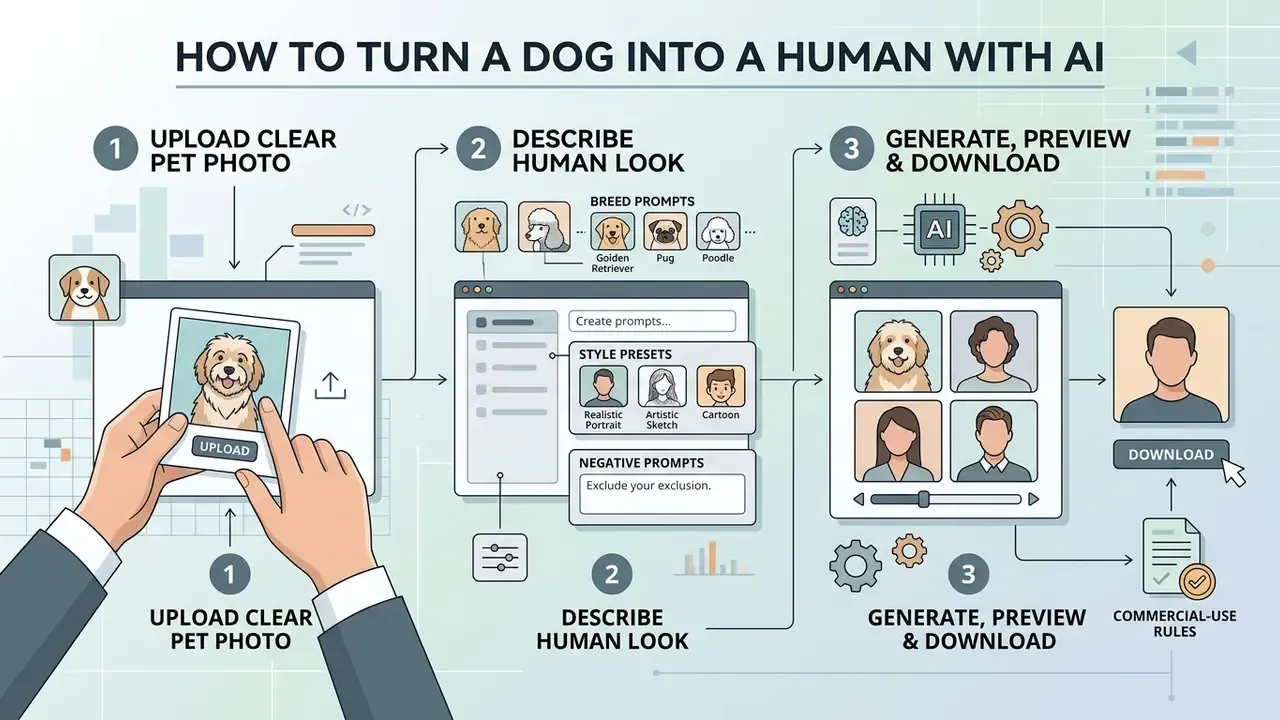 Flowchart illustrating the three steps to transform a dog photo into a human avatar using AI software
