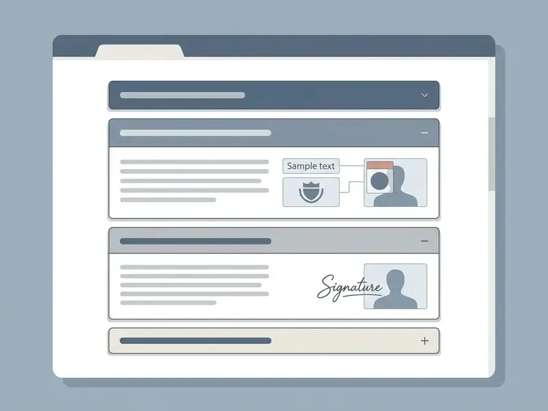 Web interface showing stacked expandable sections with text and icon placeholders for branding options