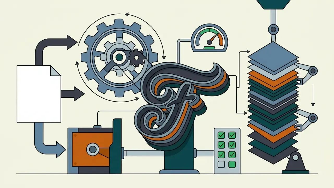 Mechanical system processing a script letterform with stacked layers and a performance gauge