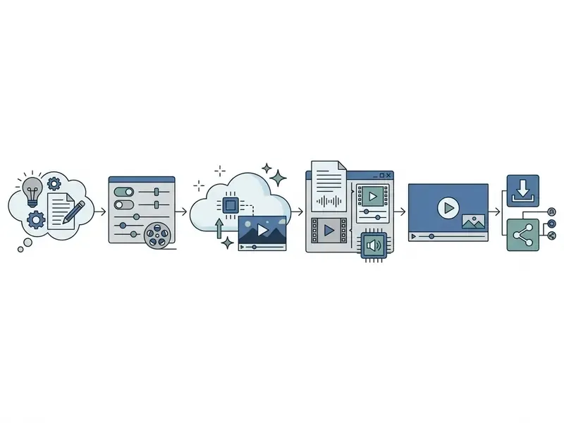 Linear diagram showing the video production process from initial prompt to final download and sharing