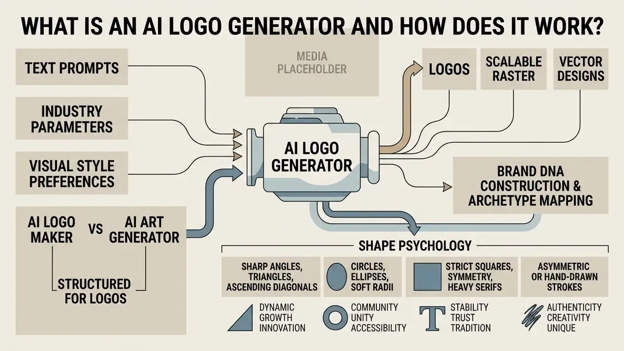 Flowchart showing inputs like text prompts and industry parameters feeding into an AI logo generator