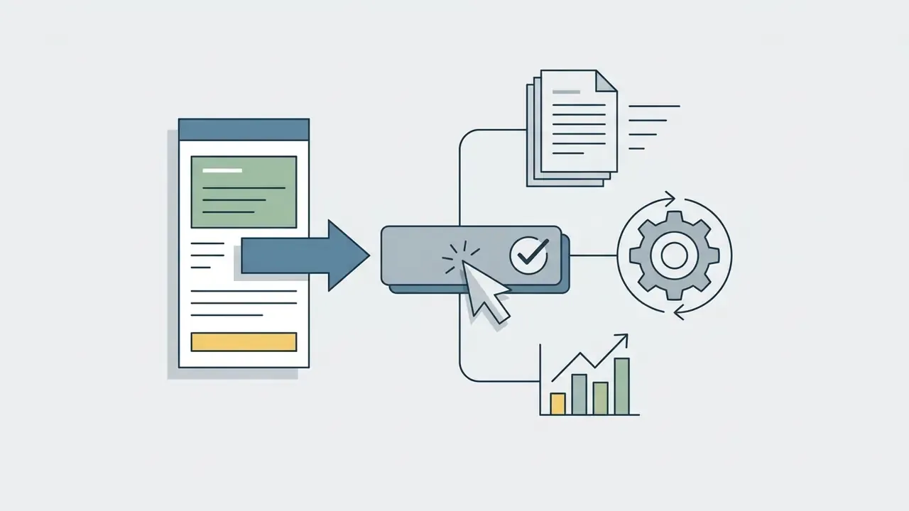 Cursor clicking a button that connects a mobile ad mockup to document, gear, and growth chart icons