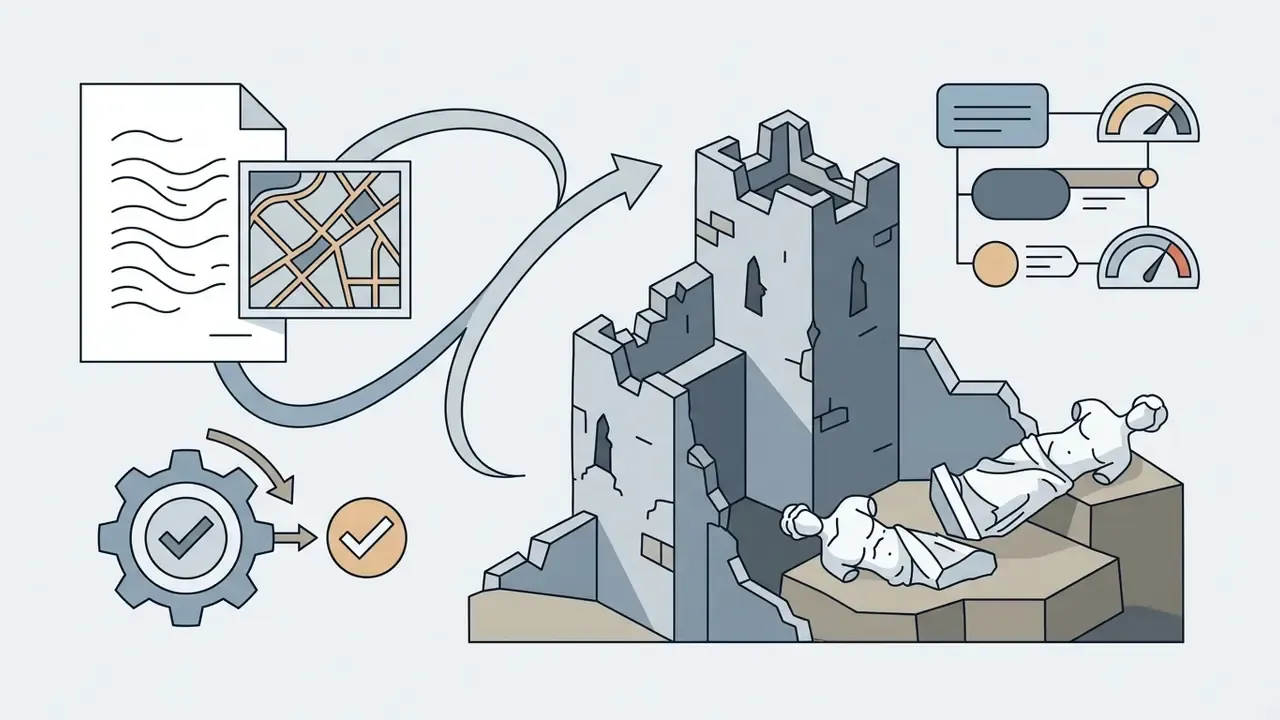 Document and gear icons connecting to a ruined stone fortress with toppled statues and performance gauges