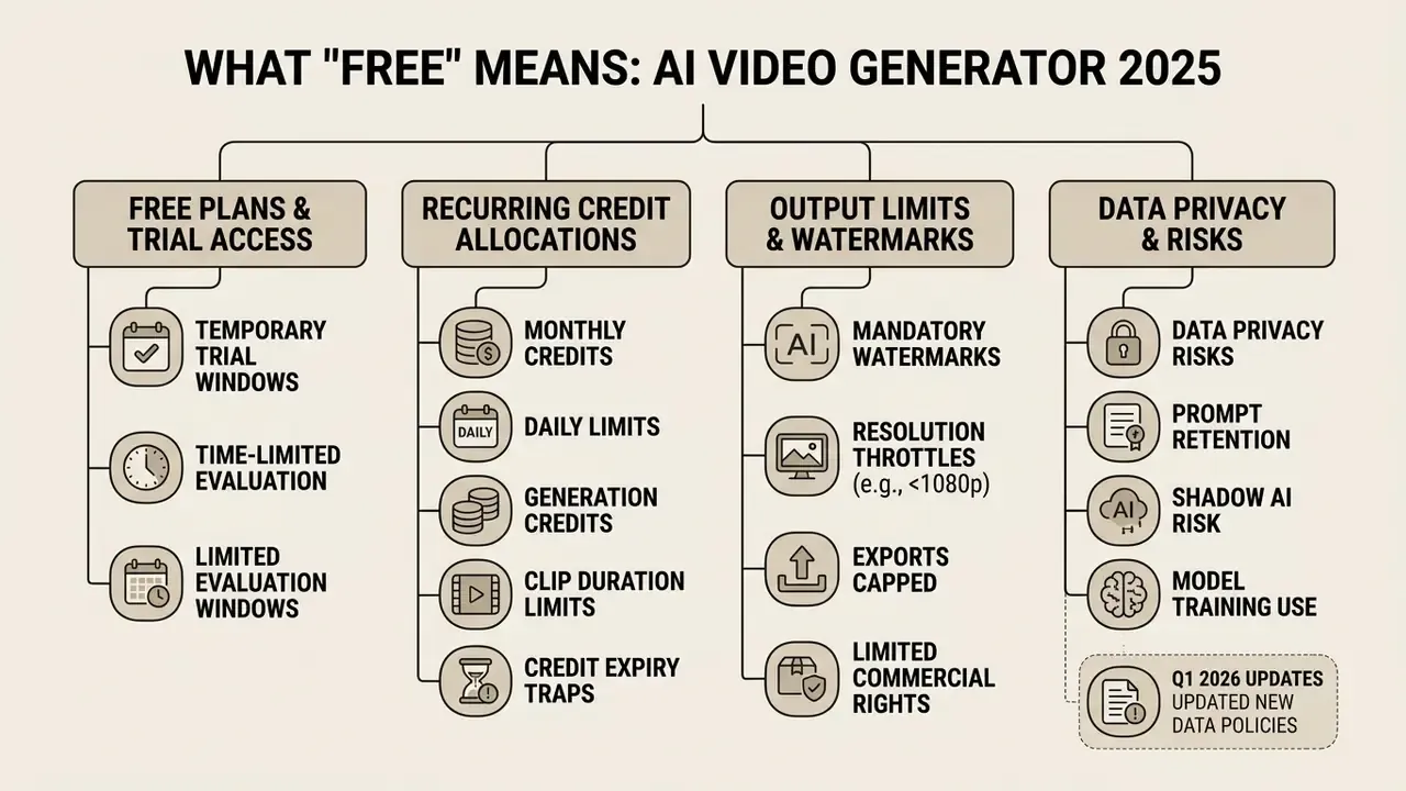 Flowchart outlining constraints like credit limits, watermarks, and data risks for free AI video tools
