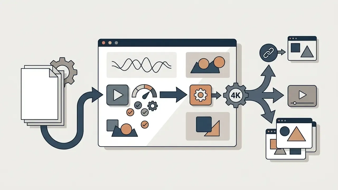 Document input feeding into a video editor that renders 4K files for sharing links and platform export