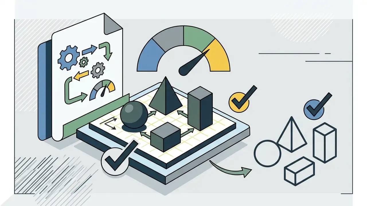 Geometric shapes on a grid being processed into a simplified outline drawing with checkmark indicators