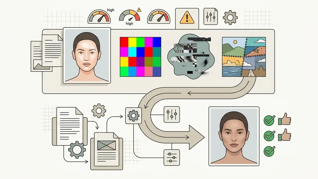 Technical process showing synthetic portraits with visual artifacts being refined into corrected outputs