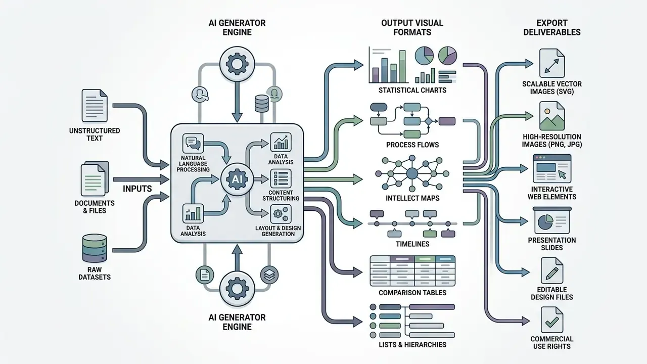 Diagram mapping raw data inputs through an AI engine to various visual formats and export file types