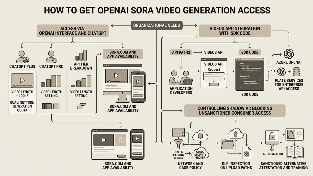 Diagram showing pathways for OpenAI Sora video generation access through web interfaces and API integration
