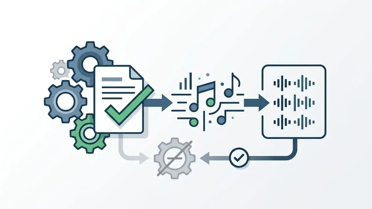 Document with a checkmark feeding into musical notes and audio waveforms with a feedback loop gear