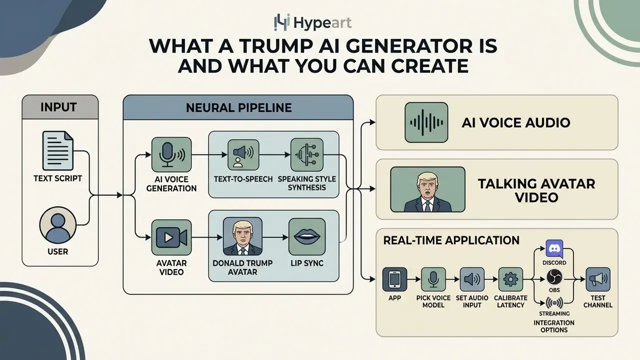 Flowchart showing how a Trump AI generator processes text and video inputs into speech and avatar content