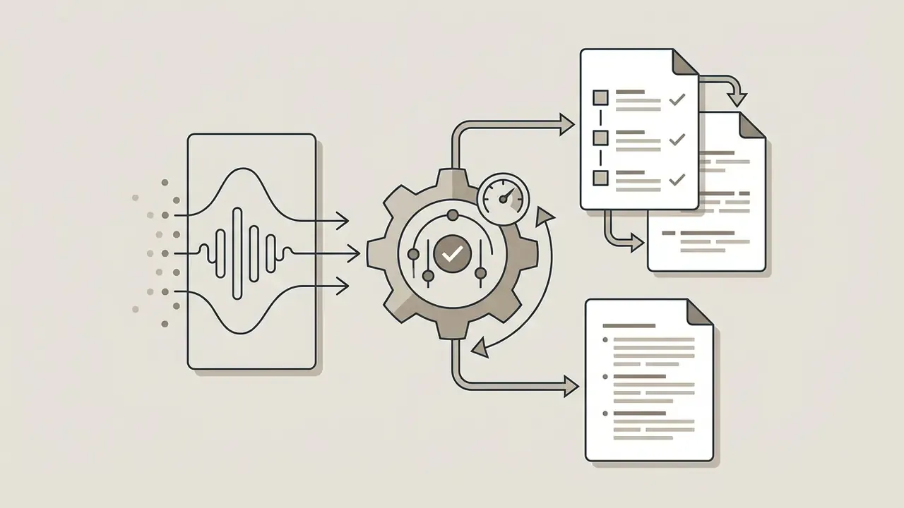 Audio waves flowing into a processing gear that outputs formatted transcript files and text documents